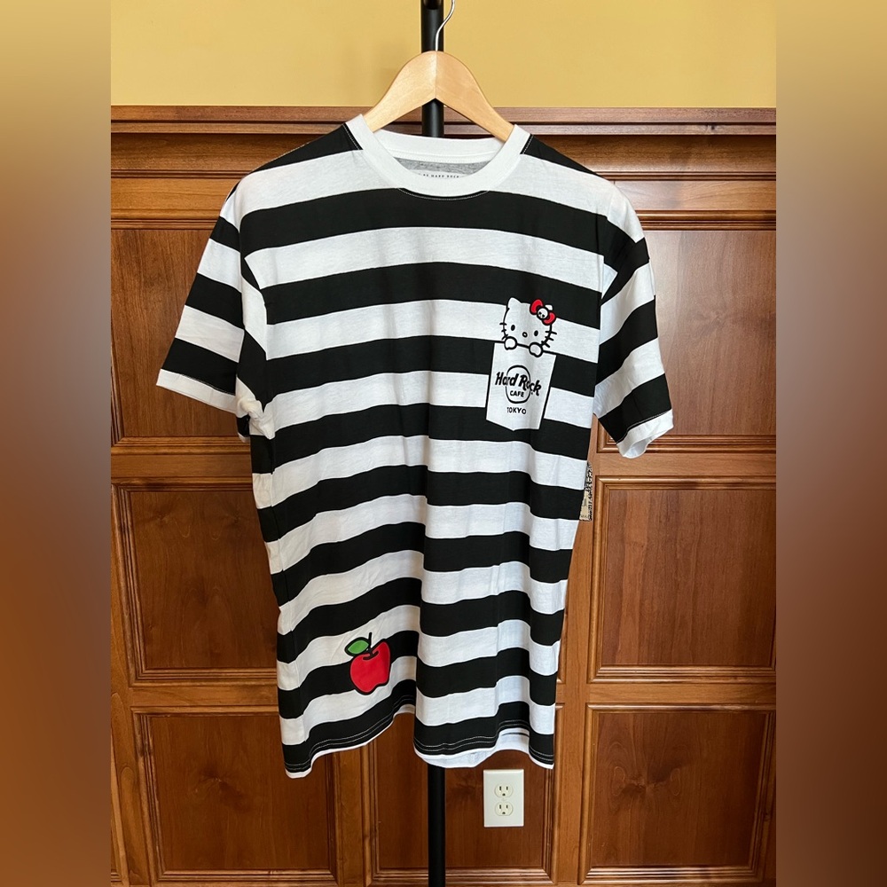 Hard Rock Tokyo Hello Kitty Tee with Apple and Skull Black White Stripes Size L